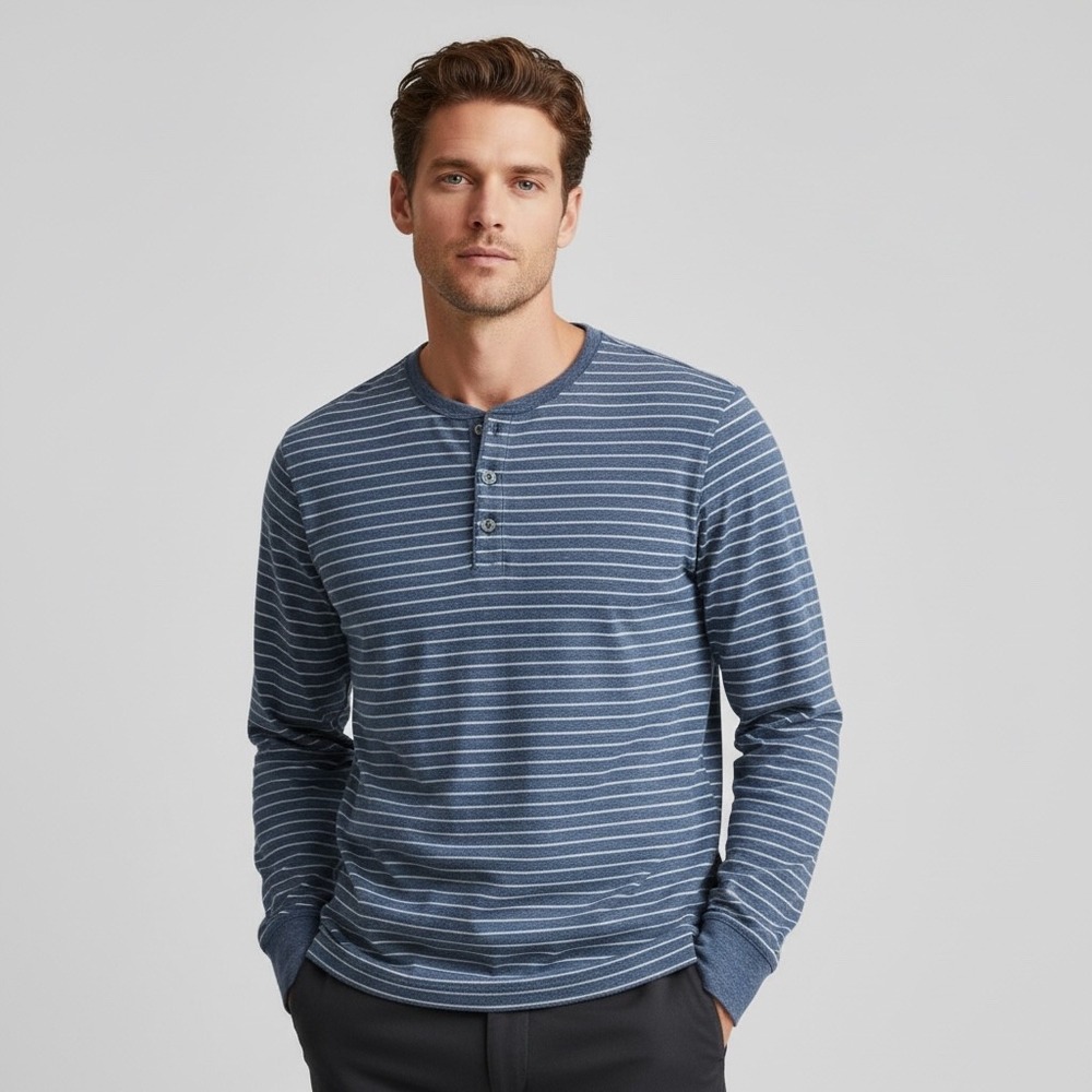 J.Crew Knit Goods Blue White Stripe Henley Long Sleeve‎ Shirt Slim Fit Large